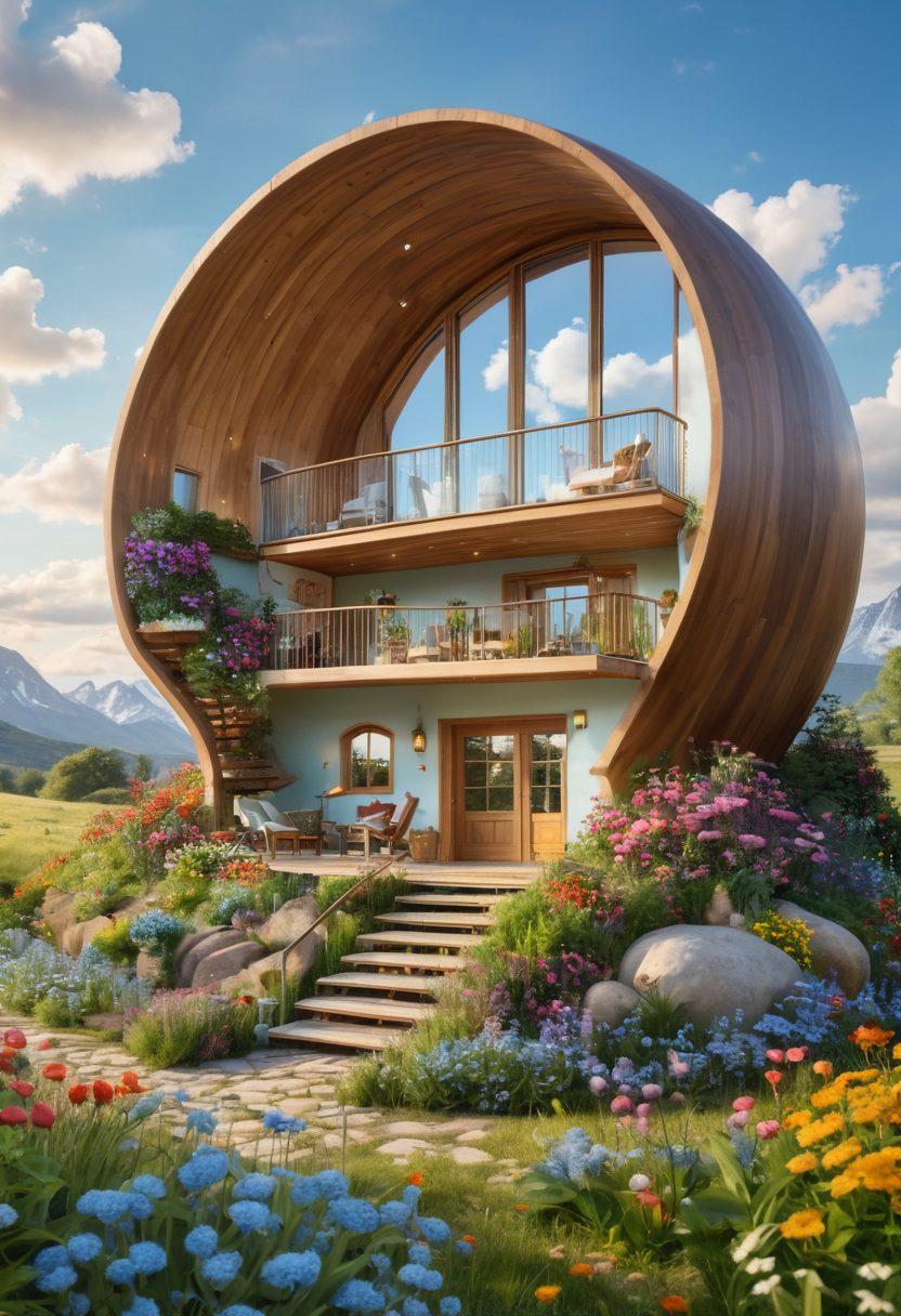 A serene landscape featuring a large, open walnut shell that serves as a cozy home, surrounded by vibrant wildflowers and smiling cartoon characters enjoying simple pleasures like reading, gardening, and meditating inside. The sun shines brightly, casting warm rays over the scene, evoking feelings of joy and tranquility. The sky is a pastel blue with soft, fluffy clouds. cheerful and whimsical style. vibrant colors. 3D.