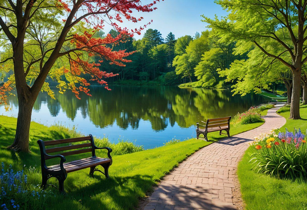 A serene landscape featuring a sunlit park with blossoming flowers, a winding path leading toward a peaceful lake, and happy people engaging in leisurely activities like reading and picnicking. In the foreground, an uplifting quote about happiness is artistically integrated. The scene evokes a sense of calm and joy, inviting viewers to find their own contentment. vibrant colors. super-realistic. natural light.