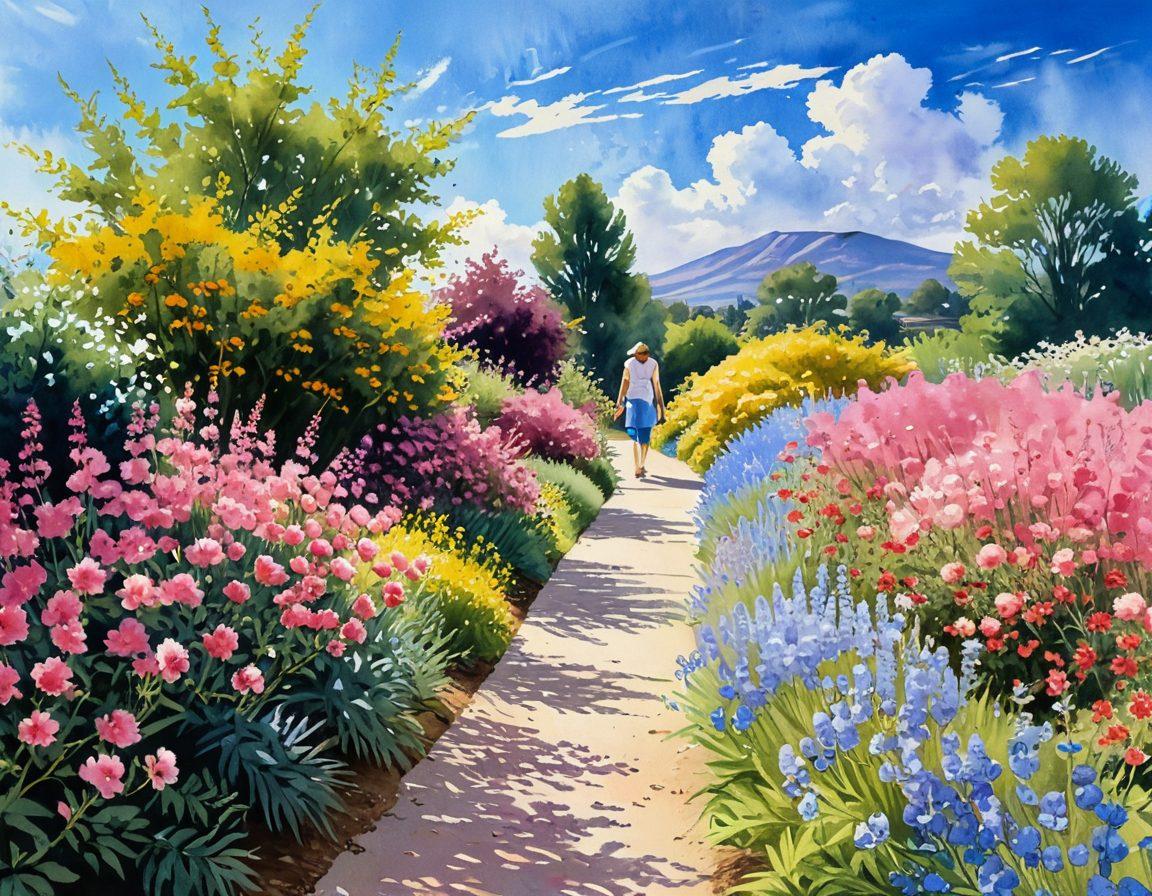 A serene, sunlit path winding through a blooming garden, symbolizing simplicity and joy. Delicate flowers in vibrant colors line the path, with a gentle breeze creating a sense of motion. In the background, a clear blue sky with fluffy white clouds enhances the feeling of tranquility. A smiling figure is seen walking happily along the path, embodying the essence of a cheerful life. watercolor painting. vibrant colors.
